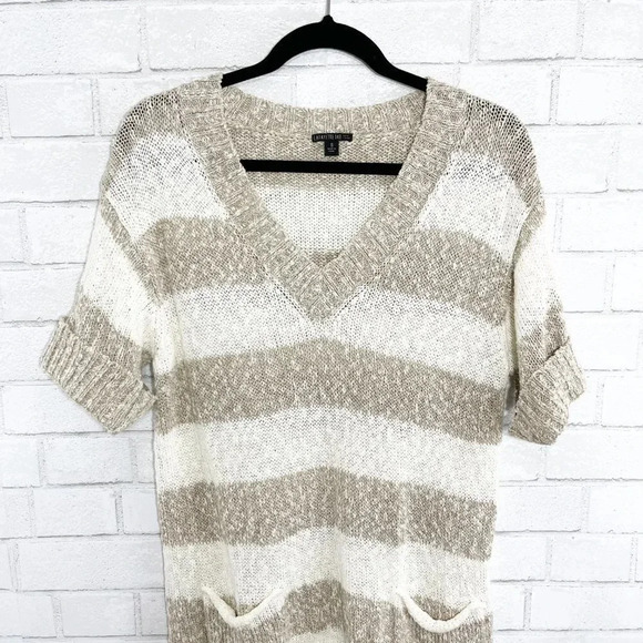 Lafayette 148 White & Tan Striped Open Knit Short Sleeve Sweater Linen + Cotton - Picture 3 of 8